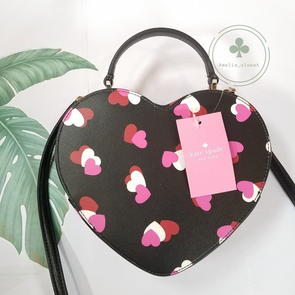 NWT Kate Spade New York Love Shack flutter black Pink hearts printed Heart Purse - Picture 5 of 6